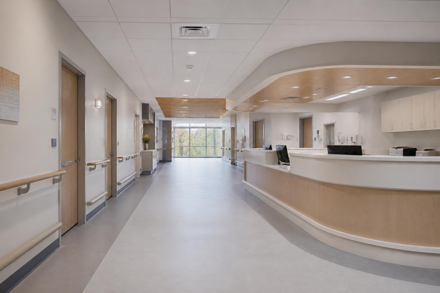 Modern hospital corridor with nurse station, hygienic flooring and handrails