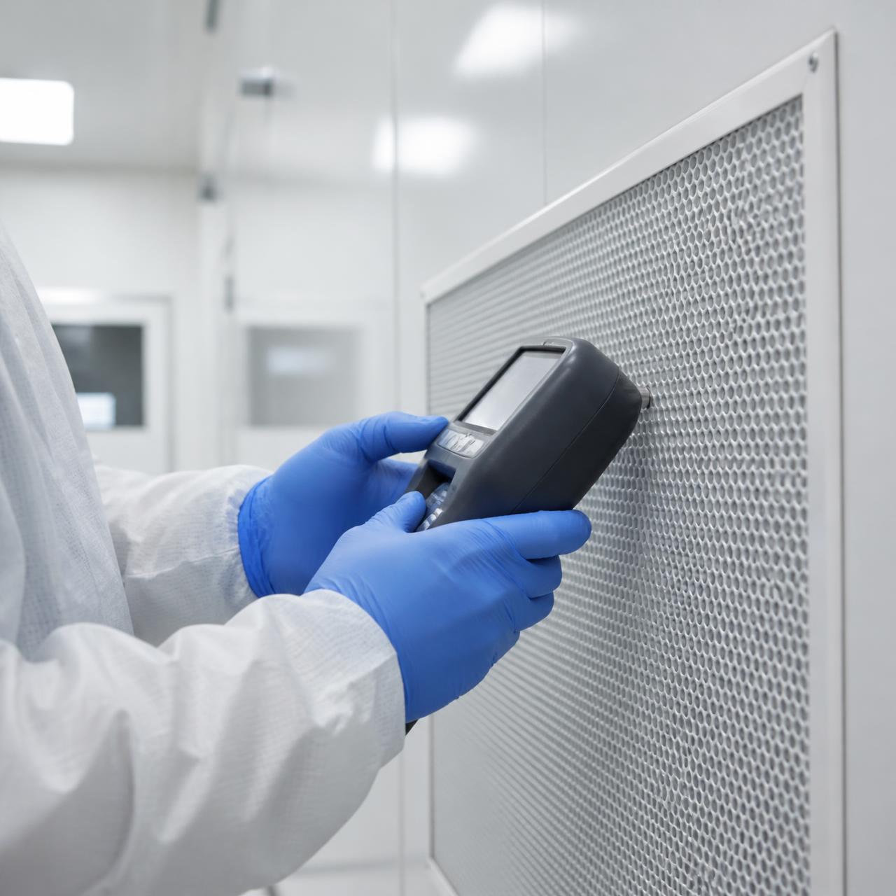 Technician taking a particle count reading at a cleanroom HEPA grille