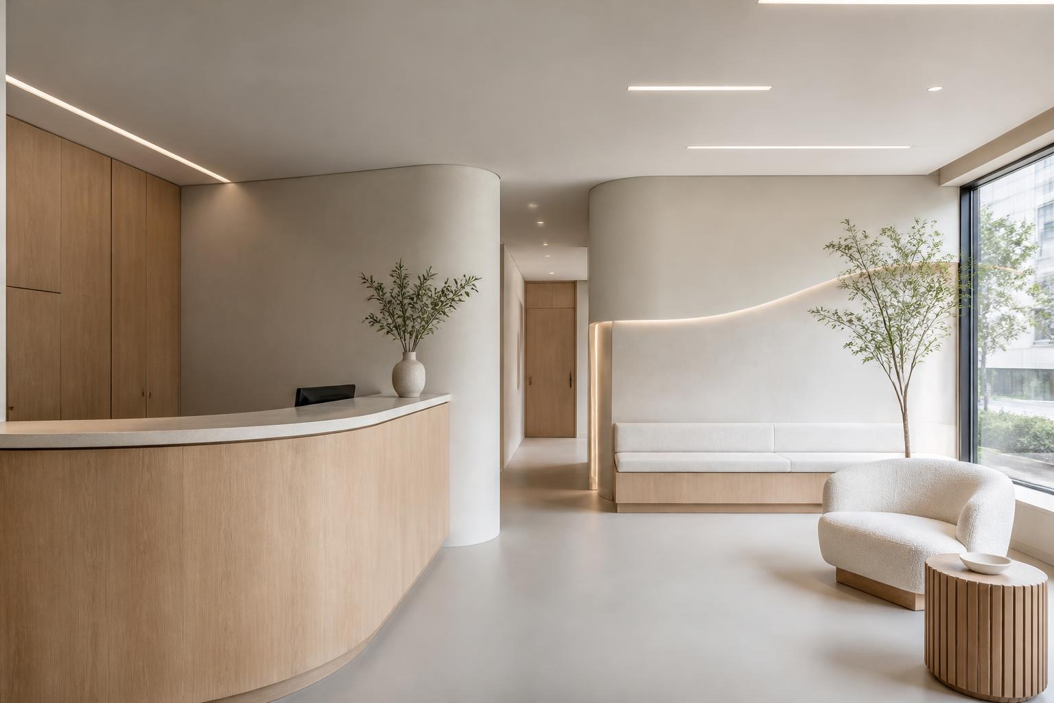 Minimal clinic reception interior with light oak joinery and seamless flooring
