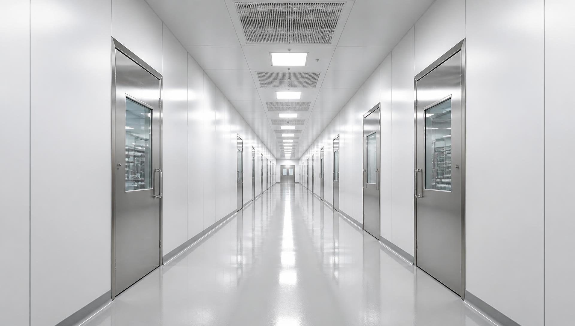 Completed pharmaceutical cleanroom corridor with flush panels and HEPA ceiling