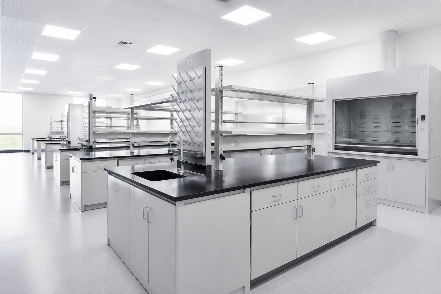 Analytical laboratory with C-frame benches and chemical-resistant worktops