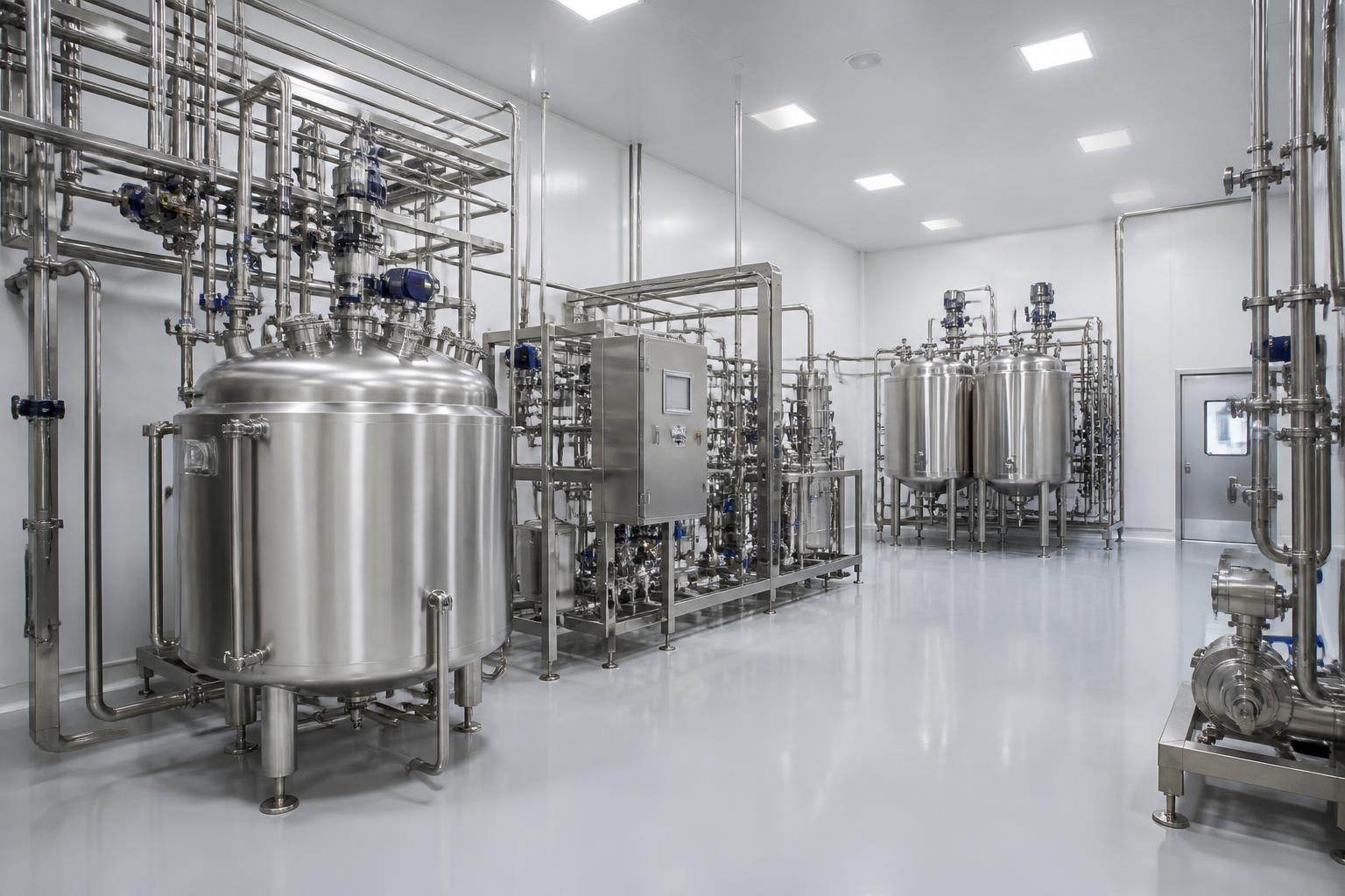 Pharmaceutical GMP production hall with stainless steel process vessels